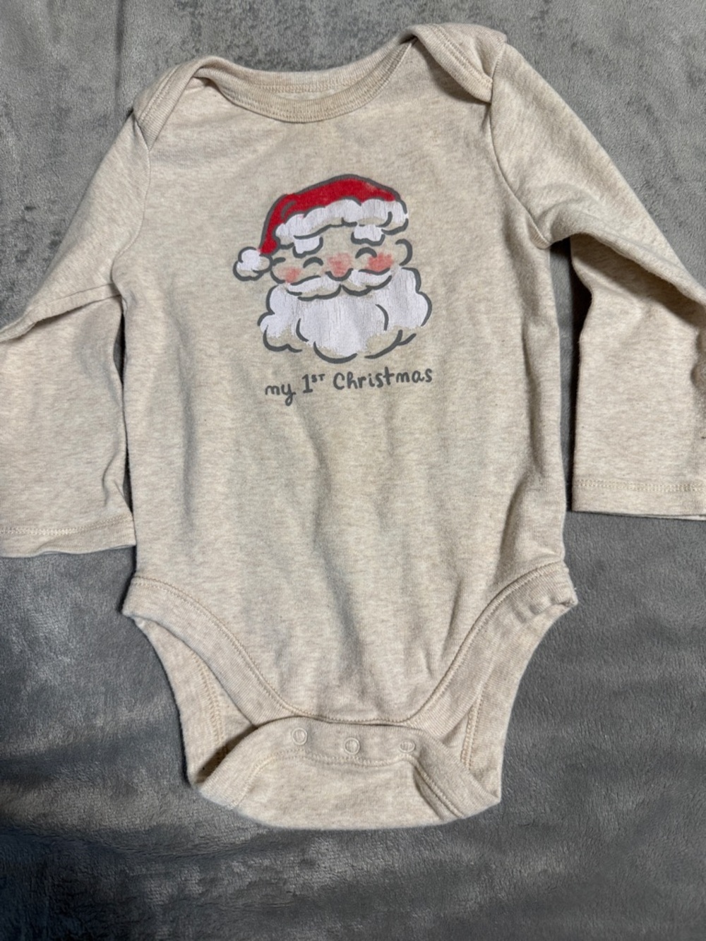 Old Navy Beige Long-Sleeve Baby One-Piece with Santa Graphic